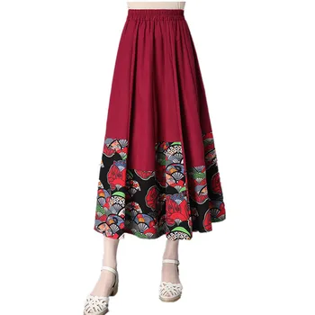 

Brand New Summer Fashion Women linen Print Mid-Calf Skirts Denim Style Casual Clothing Vestidos De Festa Mujer Vintage Clothes