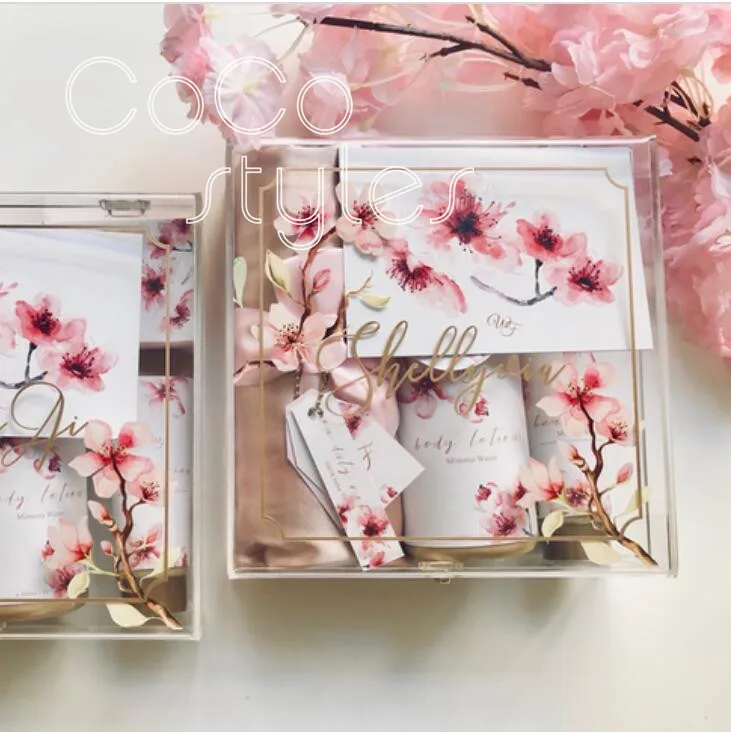 

Cocostyles customized blank lucid floral silk printing acrylic gift box for garden wedding or valentine's day gift set