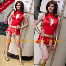 Free Shipping DHL Wholesale Sexy Red and Gold Mary Marve Spandex Metallic Superhero Zentai Catsuit Dress Halloween Costume