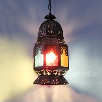 

loft Style Pendant Lamp Morocco Iron Vintage Pendant Light Creative Color Glass Cover Hanging Lamp Bar Art Deco Lighting