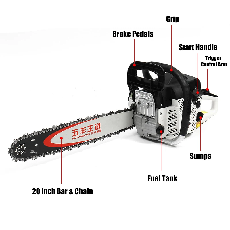 Профессиональная бензопила мощностью 5200 Вт, 20 дюймов, бензиновая бензопила 75cc, цепная пила для двигателя