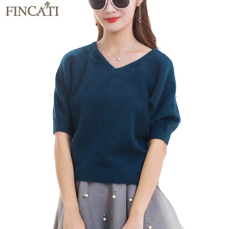 

Women Sweater 2018 Spring High Quality 100% Fluffy Mink Cashmere Sweaters V Neck Puff Sleeve Pulls Fashion Casual Jersey Femme