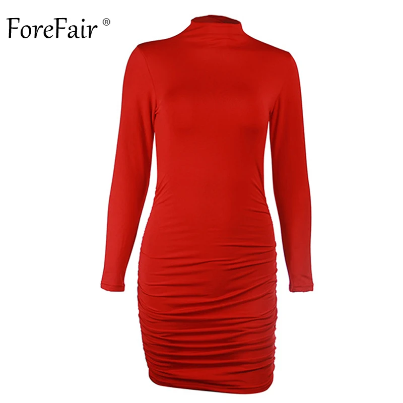 Forefair, зимнее сексуальное облегающее платье, водолазка, одноцветное, с рюшами, базовое, красное, черное, с высоким воротом, короткое, Осеннее, с длинным рукавом, платье для женщин