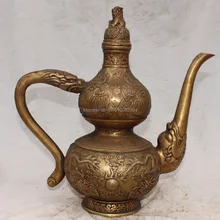 1" Клеймо Китайский Бронзовый Дракон Лев Calabash Тыквы Вино Tea Pot Кувшин