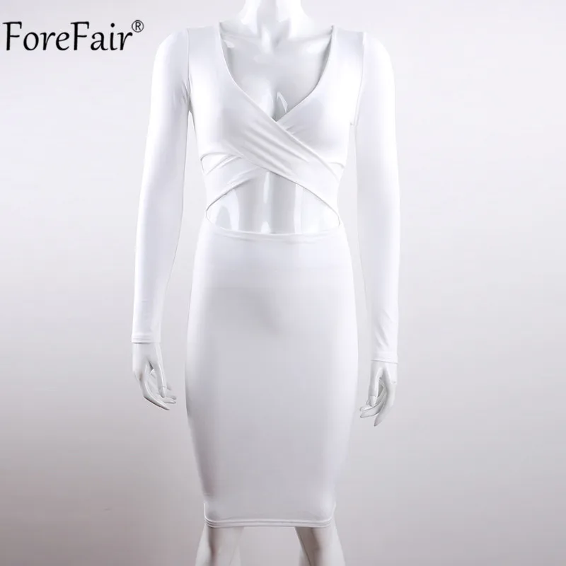 ForeFair с длинным рукавом Bodycon Midi Бандажное платье для женщин хлопок эластичные элегантные сексуальные платья белый черный красный Женское зимнее платье