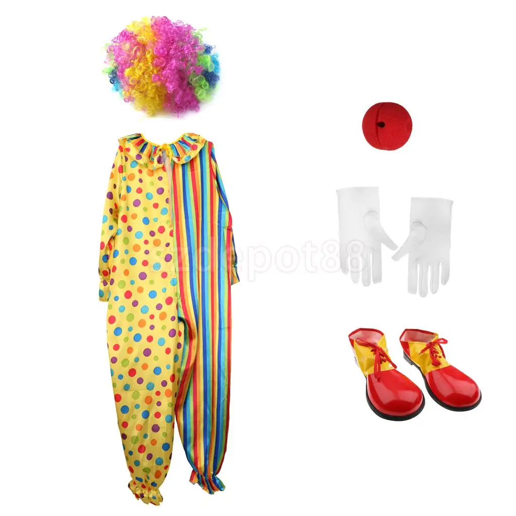 Цирковая одежда для Клоуна Костюм наряд обувь парик красный нос белые перчатки для взрослых