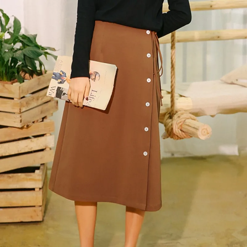 Корейская стильная уличная Летняя женская юбка средней длины с несколькими пуговицами, консервативный стиль, высокая талия, карамельный цвет, Женская юбка
