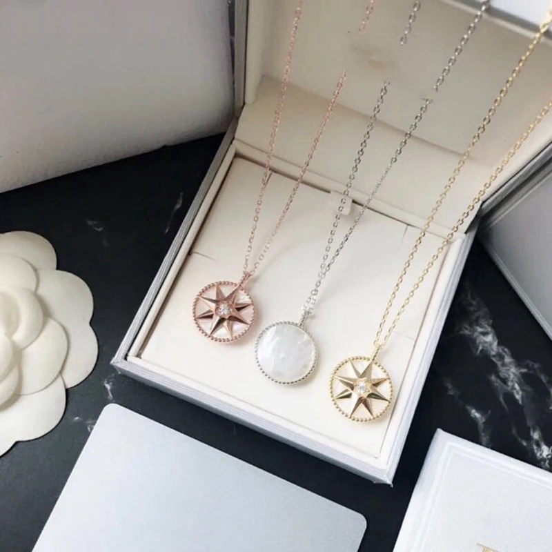 

Round Shell Crystal Star Compass Charm Long Necklace 90CM Chain Solid 925 Sterling Silver Compass Women Wedding Vents Jewelry