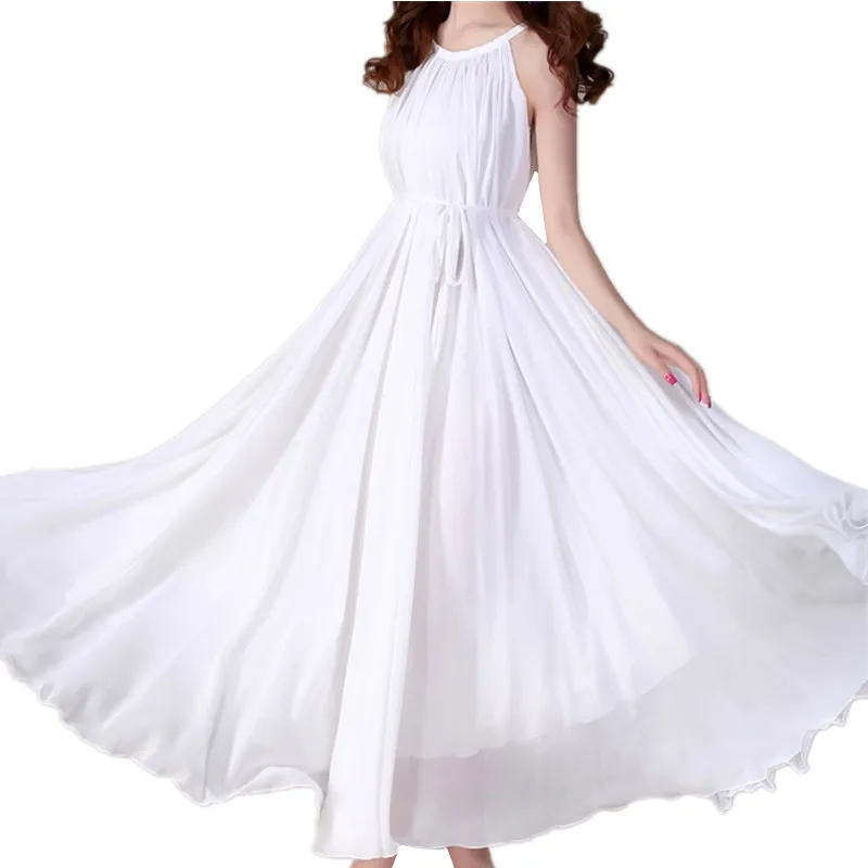 

B2624 new summer 2019 women's fashion pure color thin long beach chiffon dress cheap wholesale