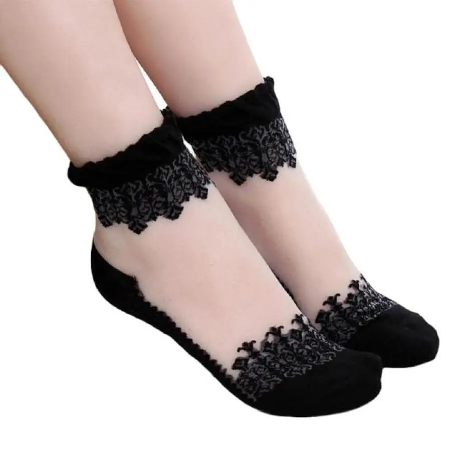 Trendzone 50 ультратонкие прозрачные красивые прозрачные кружевные эластичные короткие носки - Цвет: Черный