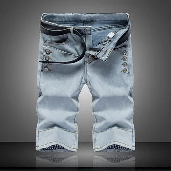 

Summer New Light Blue Denim Shorts Men's Button Decorative Shorts Men's High Quality Elastic Youth Casual Shorts Size 28-34