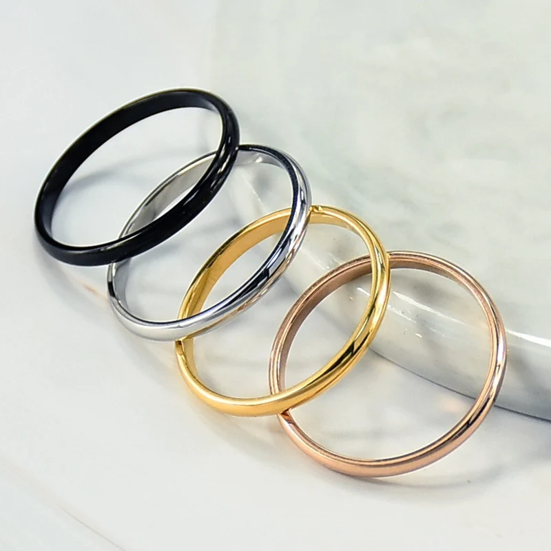 Simple 2MM Thin Titanium Steel 4 Color Couple Ring Simple Fashion Rose Gold Silver Finger Ring For Women Wedding Party Jewelry