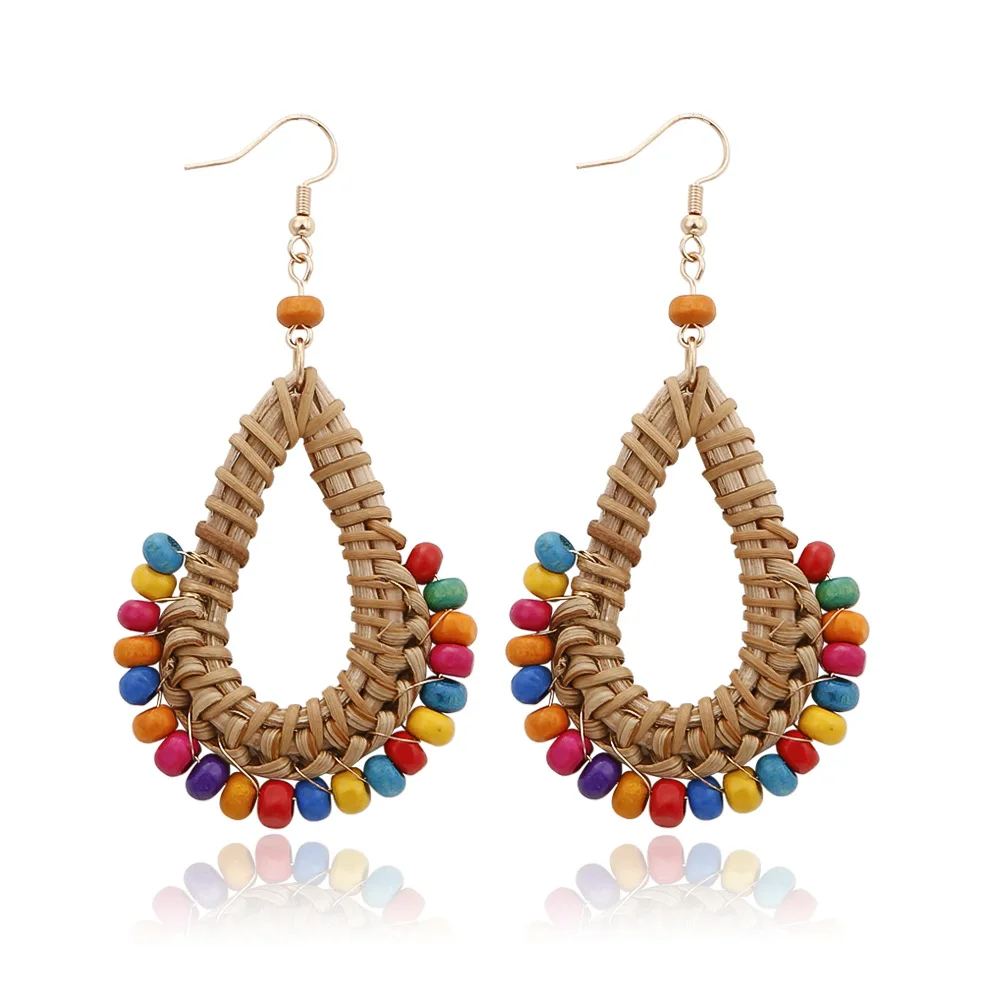 

2019 New Arrival Bohemian Handmade Woven Drop Earrings Rattan Wood Beads Dangle Earrings for Woman Summer Beach Party Jewelry