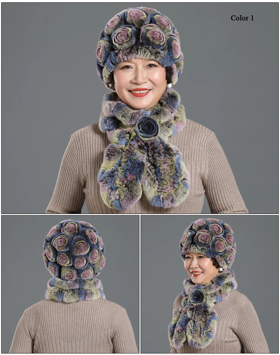 2 шт./компл. Настоящий мех кролика наборы шарф шапка для женщин среднего возраста теплые шапочки шарф леди Роза шапка с цветком вязаный шарф