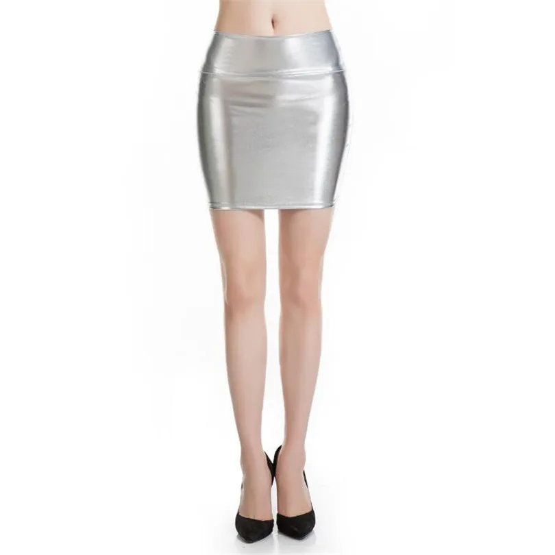 YRRETY New Short Faux Leather Skirts Women 2018 Sexy Slim Thin Package Hip High Waist Pencil Skirt Silver Gray Black Plus Size