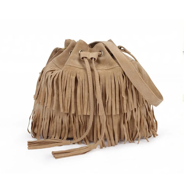 Women Matte Pu Leather Tassel Bag Female Fashion Bucket Shoulder Bags