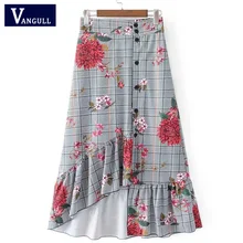 Женская клетчатая юбка с цветочным принтом, с неровной строчкой, с оборками, с высокой эластичной талией, модная юбка VANGULL,, лето, весна