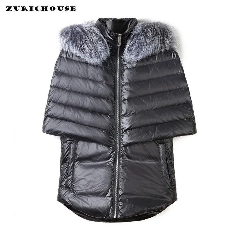 

ZURICHOUSE 2019 Women's Duck Down Jacket Winter High Quality Sleeveless Cloak Parka Hooded Natural Fox Fur Down Coats Female