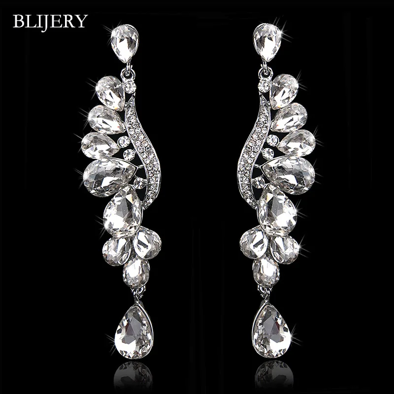 

BLIJERY Elegant Angel Wing Shape Crystal Bridal Earrings Silver Color Long Drop Earrings Wedding Jewelry Earrings for Women