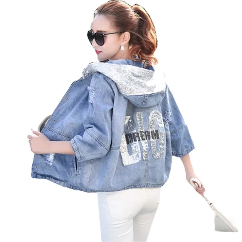 

Winter Autumn Oversized Jeans Jacket Women 2018 oversized Sequin Hooded Jean Jacket Coat Female Ripped Boyfriend Denim Jackets