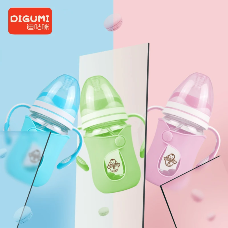 DIGUMI детская стеклянная бутылка для комления молоком детская питьевая вода соломенная ручка детская чашка Силиконовая Защитная крышка анти-осень BPA бесплатно