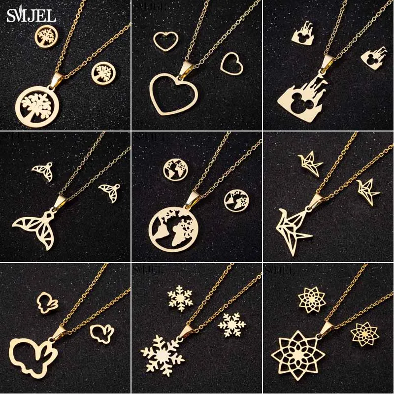 

SMJEL New Stainless Steel Mickey Necklace Earrings Women Wedding Jewelry Set Cute Rabbit Heart Tree Stud Earing Christmas Gift