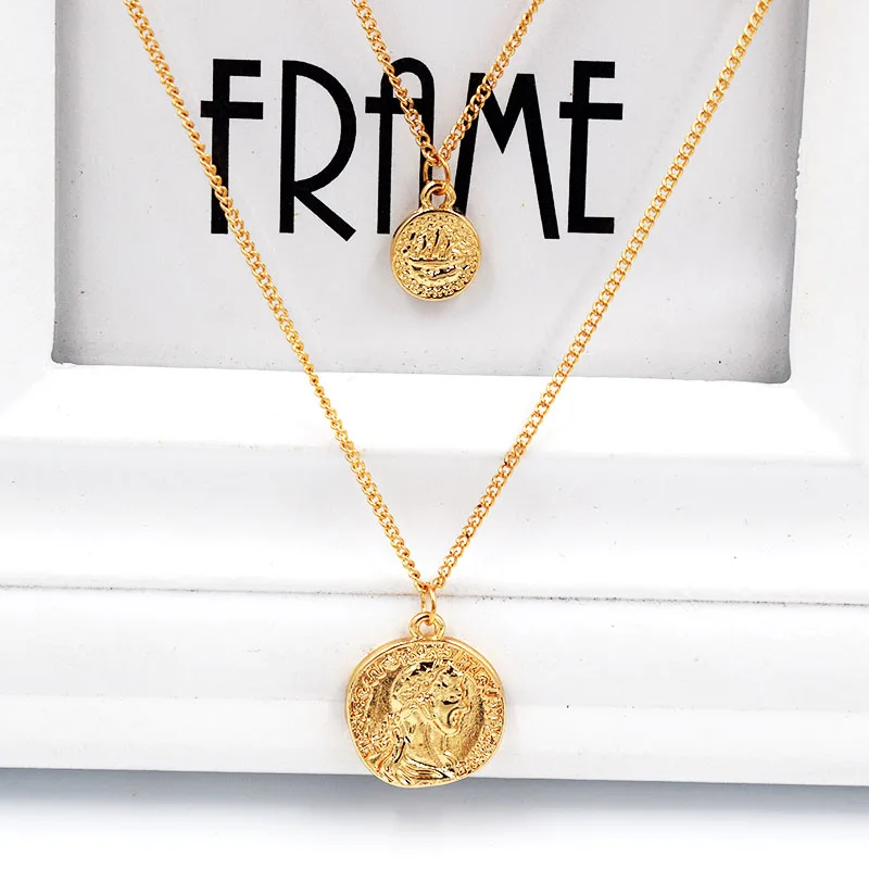 

New Double Layer Silver Gold Chain Roman Coin Pendant Necklace Women Girl Gift Fashion Jewelry Simple Vintage Deep V Necklaces
