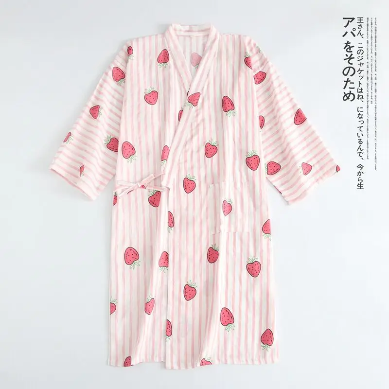 Весна Лето газовые хлопковые халаты кимоно, ночная рубашка простой полосатый клубничный тонкий секционный свободный большой размер Домашний халат