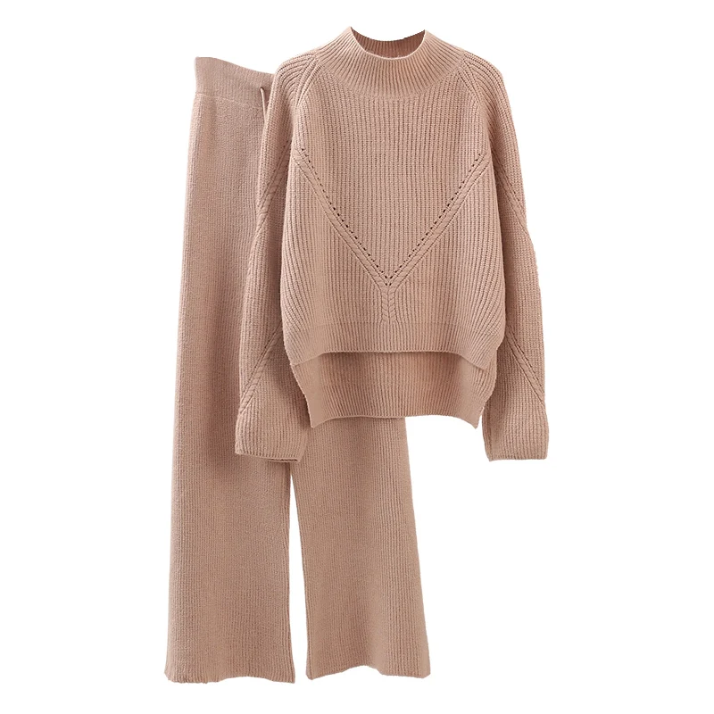 Skup 2019 sweter damski dzianinowy dres garnitur zestawy dwuczęściowe Casual swetry z długim rękawem swetry topy spodnie szerokie nogawki ubrania damskie