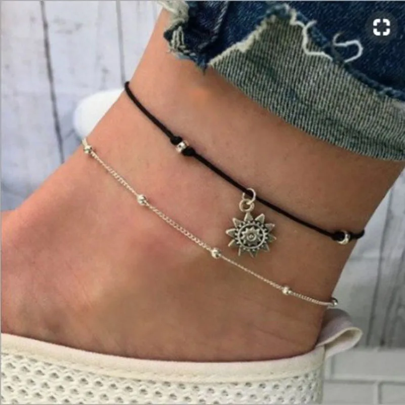 Bohemian Ankle Bracelet Jewelry Double Layer Black Leather Anklets