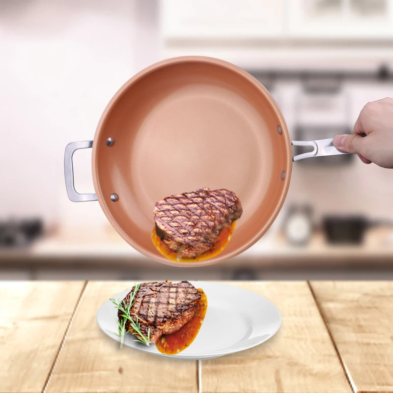 Антипригарная медная сковорода для жарки без испарений с керамическим покрытием и индукцией приготовления пищи, в духовке и посудомоечной машине 12 дюймов