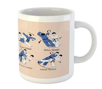 

Jiu Jitsu Mug, Martial Arts Defense Techniques Sport Practice Theme Aikido Karate Judo, Printed Ceramic Coffee Mug Water Tea Dri