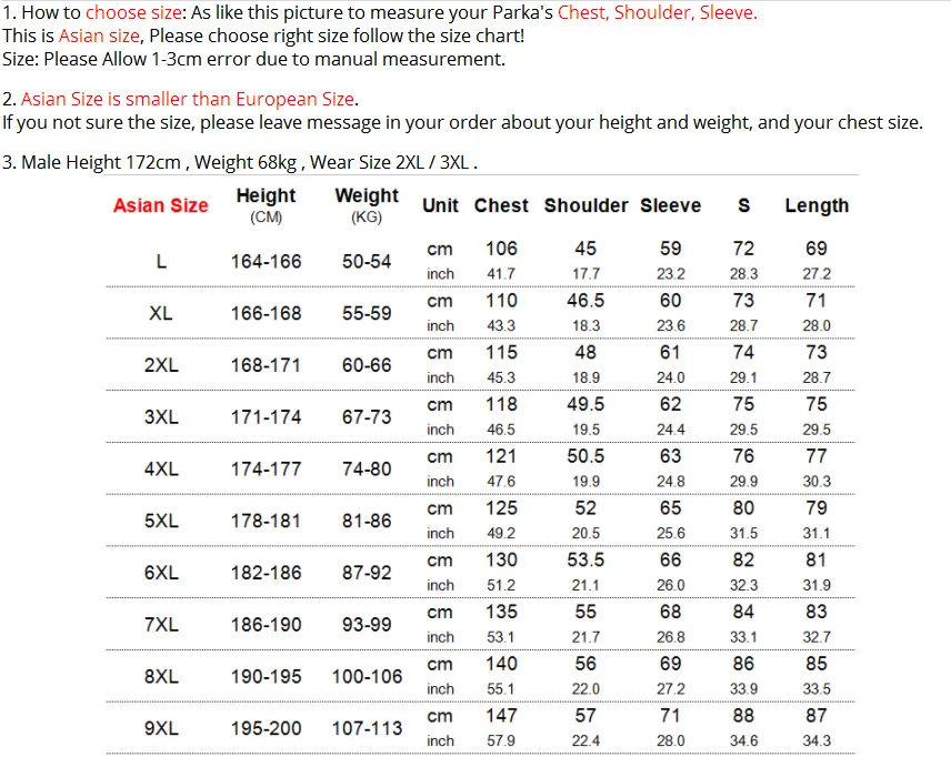 Asian Size Chart