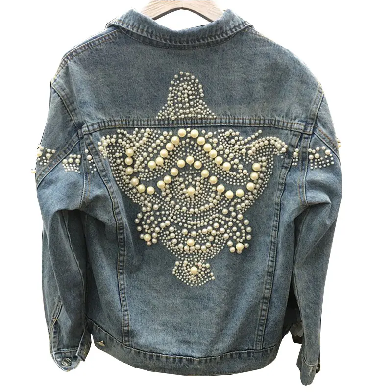 

2019 Spring Long Sleeve Pockets Denim Jackets Vintage Women Jean Jacket Pearls Beading Women Loose Basic Outerwear Female Top 69