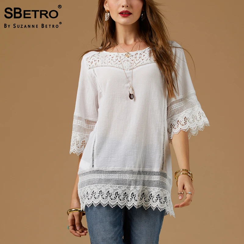 SBetro хлопковые кружевные блузки женские белые марлевые 3/4 с длинным рукавом