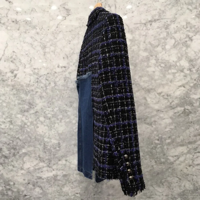 Greatest  [EAM] 2020 New Spring Lapel Long Sleeve Blue Denim Plaid Stitch Irregular Loose Jacket Women Coat F