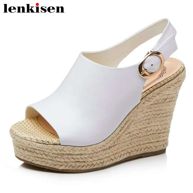 

Lenkisen Good air permeability cow leather buckle strap super high heels wedge party fairy streetwear women daily sandals L79