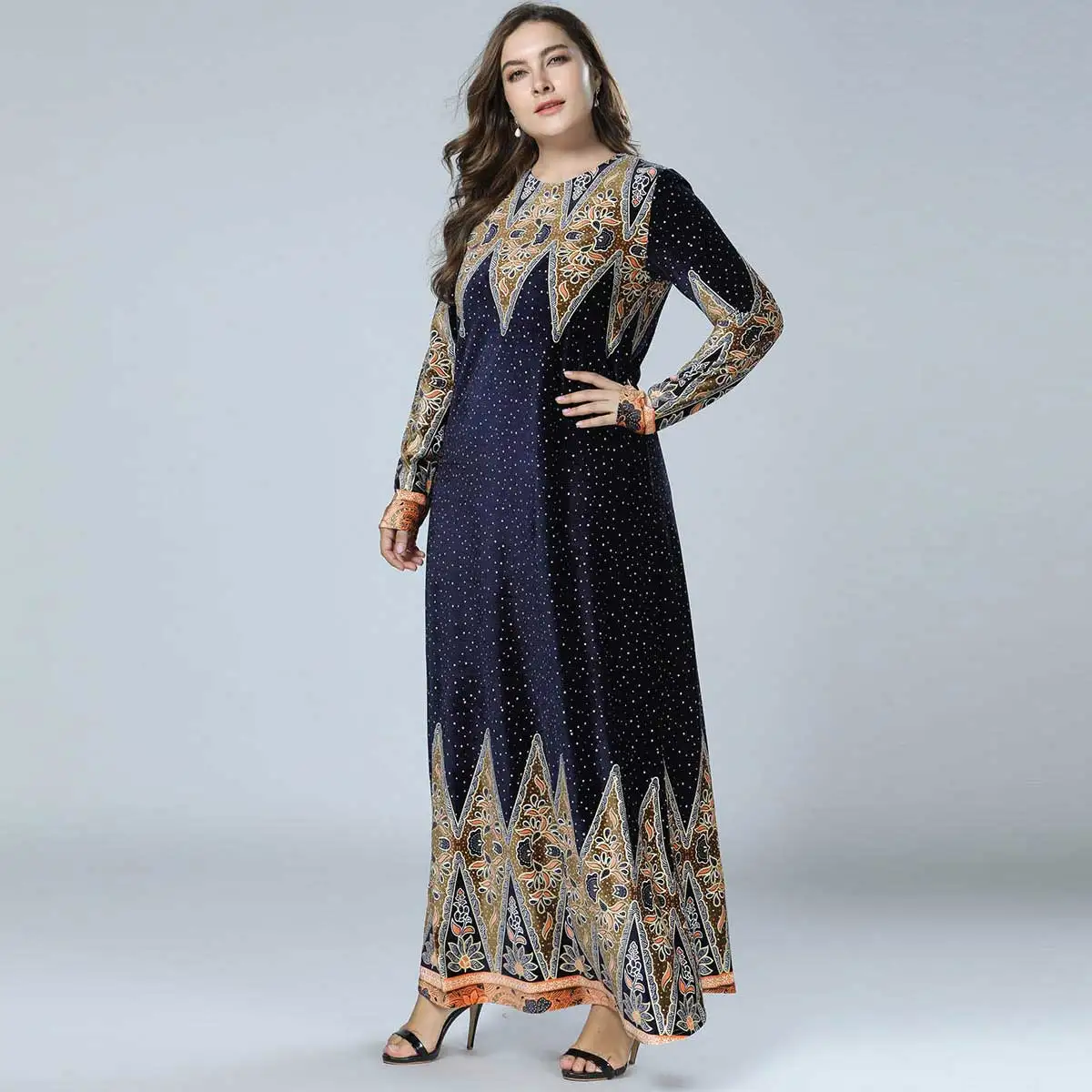 Женское бархатное платье макси с этническим принтом, Абая, большой размер, длинный рукав, платье для осени и зимы размера плюс, мусульманское, Дубай, арабское, VKDR1420