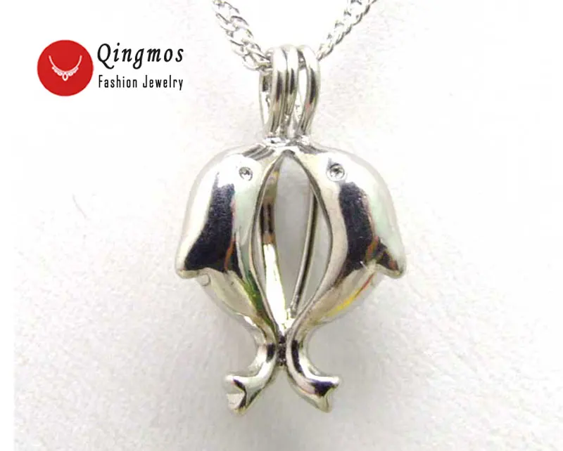 

Qingmos 20mm Kiss Dolphin Cage Pendant Wish Pearl Chokers Necklace for Women Oyster Love Pearl Pendant Necklace Gift Box-