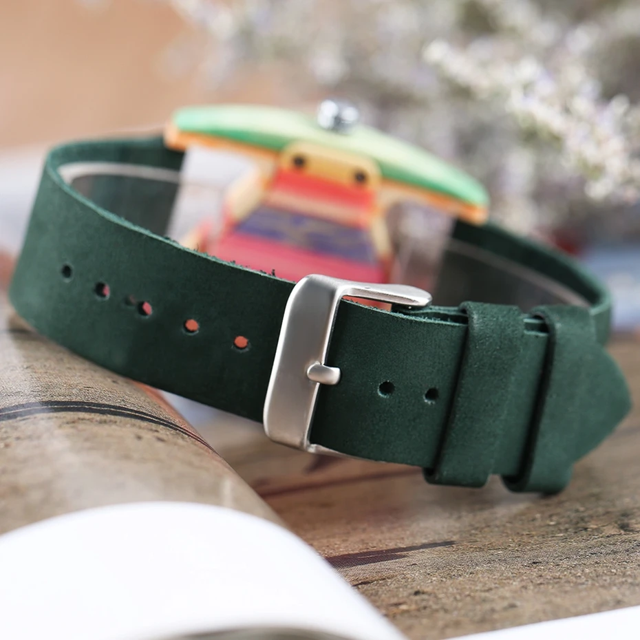 YISUYA Unique Triangle Hollow Wood Watch Creative Colorful Stripe Bamboo Clock Women's Hour Fashion Leather Lady Wristwatch 2017  Christmas Gifts for Women Girls Ladies (10)