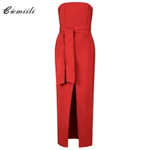 CIEMIILI Strapless Ribbons Split Ankle Length Sleeveless 2017 Celebrity Women Bodycon Sexy Elegant font b Maxi