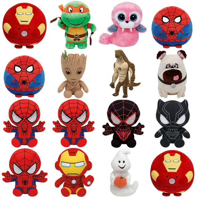 TY Marvel Beanie Baby Spider Man, Hulk, Iron Man & Captain America