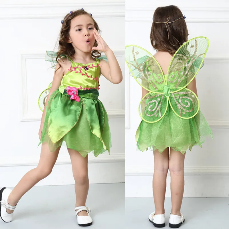 Детские костюмы на Хэллоуин для девочек зеленое платье эльфа TinkerBell карнавальный