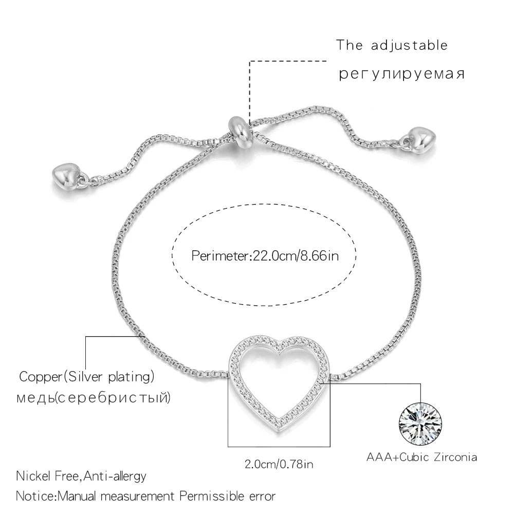 Золотое любовное Сердце Браслеты с кристаллами для женщин модные ювелирные изделия серебряный регулируемый браслет свадебный подарок горячая распродажа