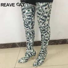 REAVE CAT/обувь женские ботфорты выше колена женские сапоги пикантные сапоги из эластичной ткани на каблуке, украшенные кристаллами, Zapatos de mujer, Размер 9(США
