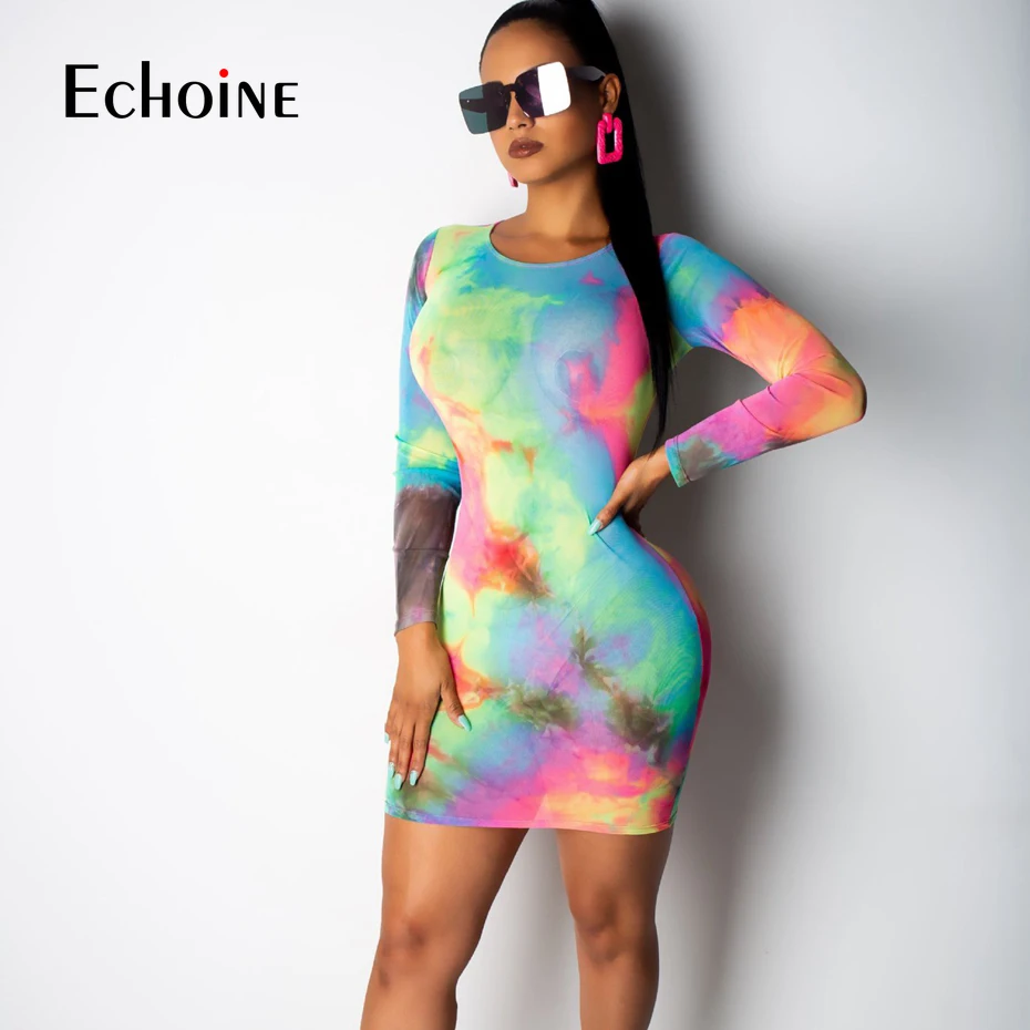 

2019 women tie dyed print o-neck sexy bodycon midi mini dress active wear pencil long sleeve party Night club Elegant dresses