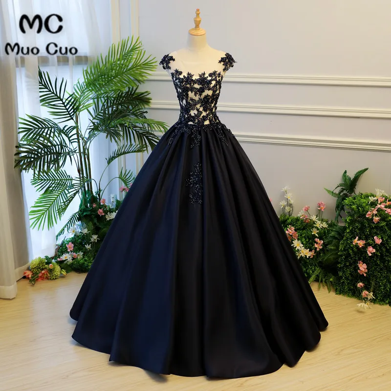 baile De quinceañera negro, satén con encaje, elegante, 15 años, 16 años, 2018|Vestidos de noche| -