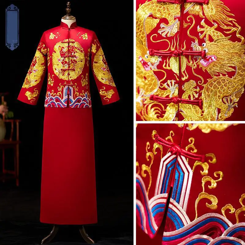 

Top Quality Embroidery Men Costume Mandarin Collar Full Length Qipao Vintage Button Dragon Wedding Bridegroom Noble Tang Suit