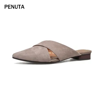 

2019 PENUTA Spring Pointy Toe Shoes Women Pump Slippers Fashion Low Heel Mules Suede Leather Summer Outdoor Casual Shoes PT902