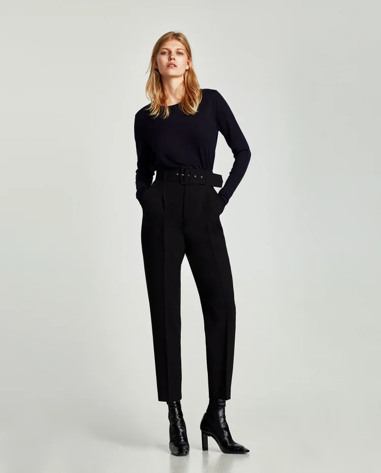 NEW Fashion Woman Black CREPE TROUSERS WITH Buckle BELT High Rise front pleats Back Sides piped pockets Long Pants